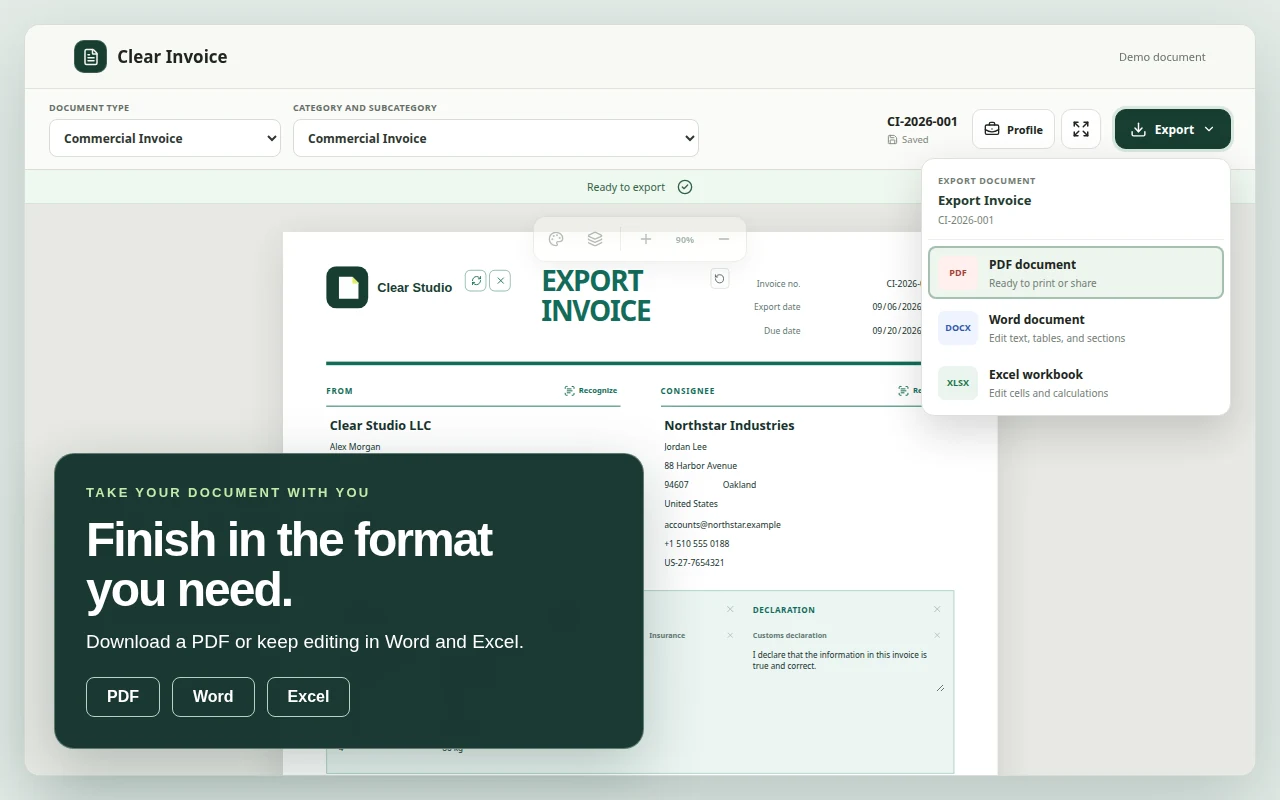 PDF, Word and Excel export choices in Clear Invoice