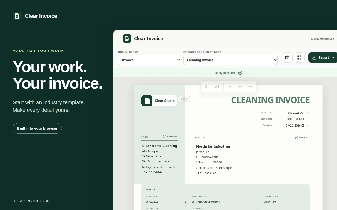 Clear Invoice editor showing an industry invoice template