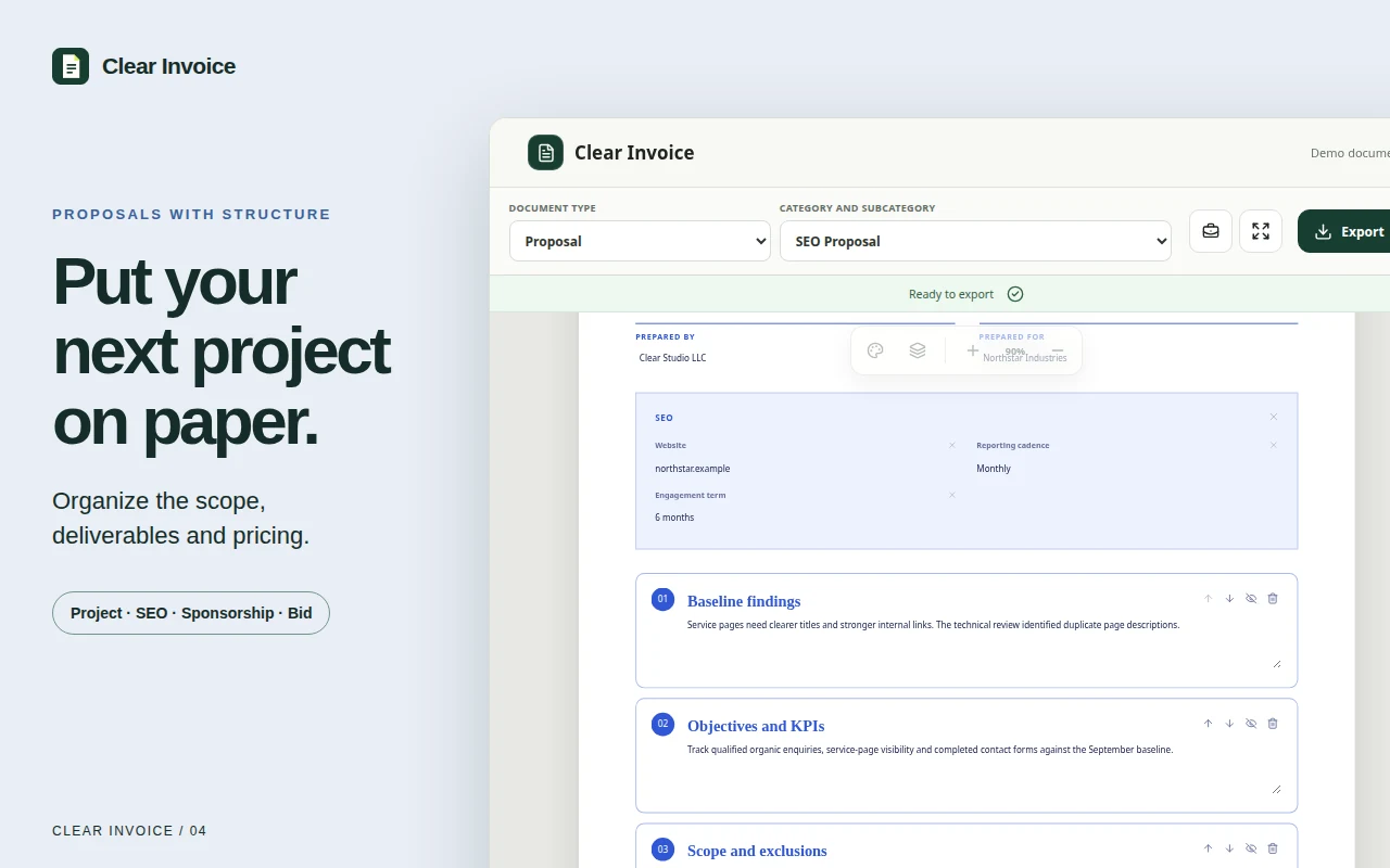 Project proposal open in the Clear Invoice editor